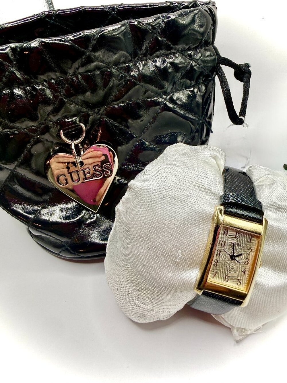 GUESS NEW Women's Quartz Rectangular Watch Gold Tone Case Silver Dial 27mm